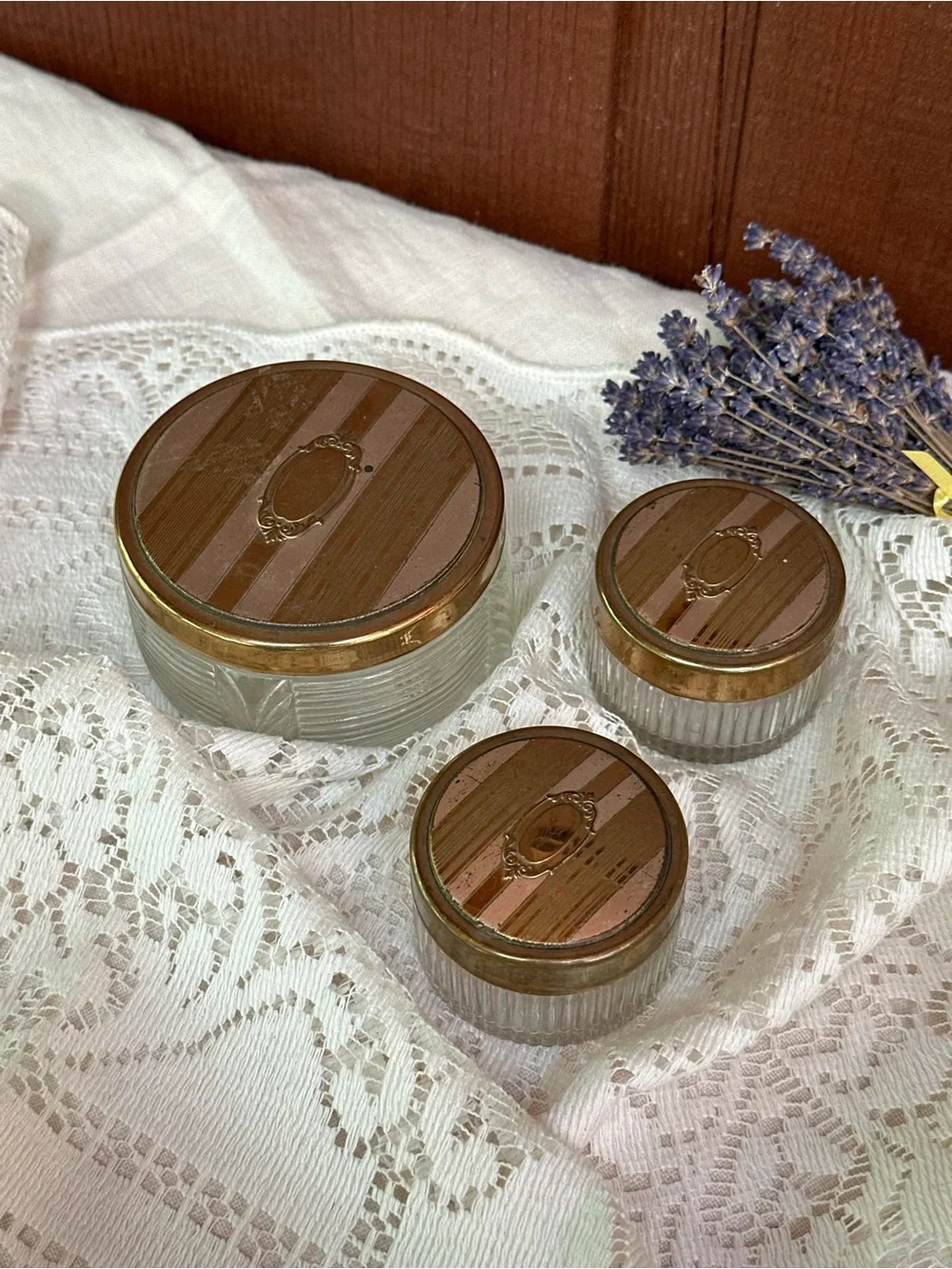 3-Piece Ribbed Clear Glass Vanity Powder Jar Set w/ Gold Tone Metal Lids